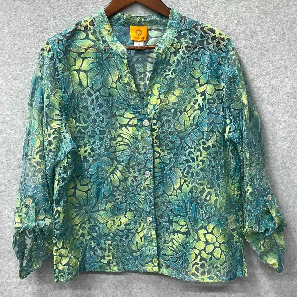 Vintage Ruby Rd Teal Green Floral Burnout Sheer Blouse 3/4 Sleeve Size 14